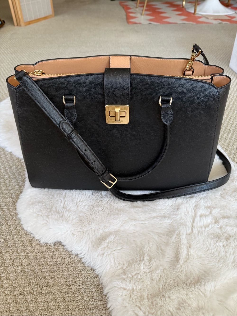 kate spade Black Leather Structured Large Tote with Gold Hardware